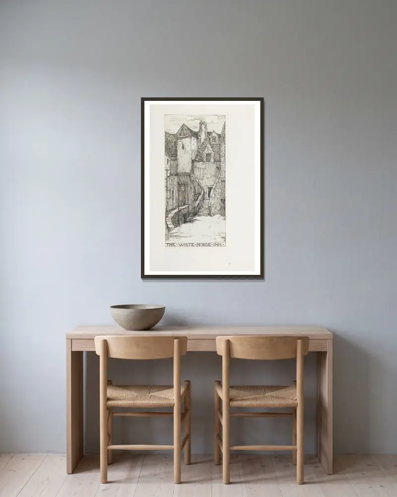 Der weiße Pferdehof von Jessie Marion King gerahmt an einer Wand