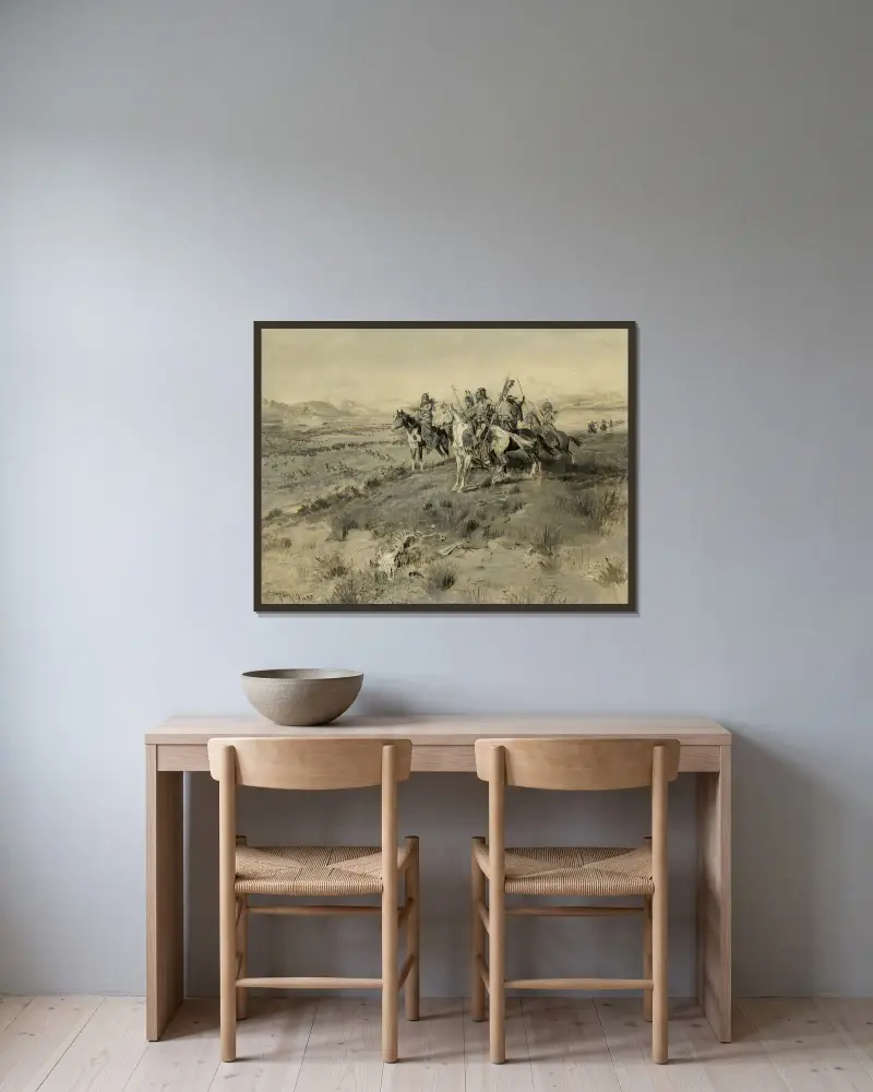 Innan den vite mannen kom (indiansk jakt) av Charles Marion Russell inramad på en vägg