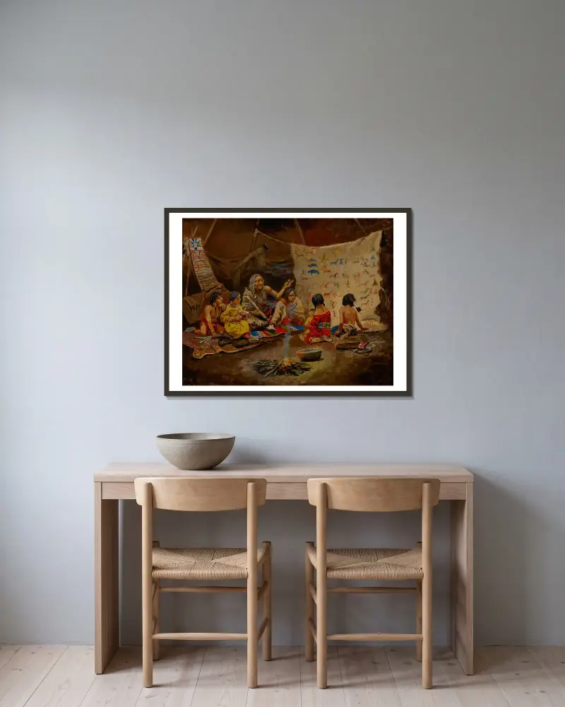 The Kindergarten (The Story Teller) av Charles Marion Russell inramad på en vägg