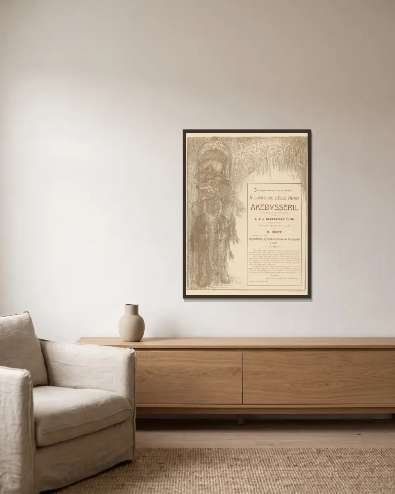 Affiche voor Akëdysséril av Marius Bauer inramad på en vägg