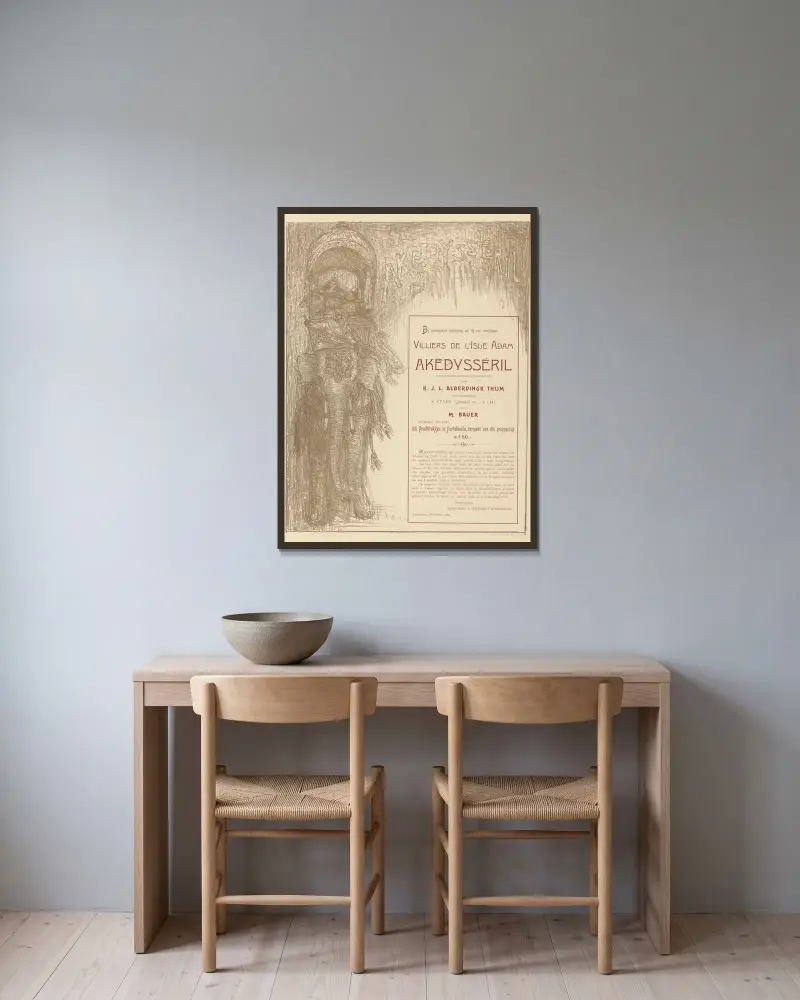 Affiche voor Akëdysséril av Marius Bauer inramad på en vägg