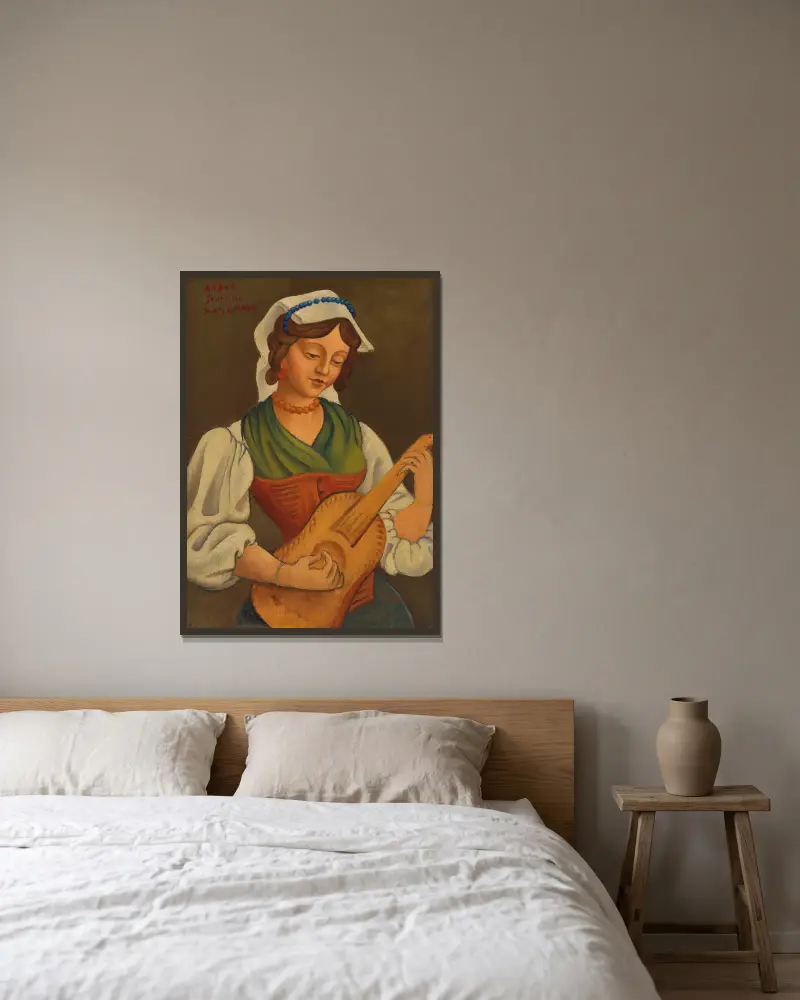 Girl with mandolin (after Gino Severini) av Mark Gertler inramad på en vägg