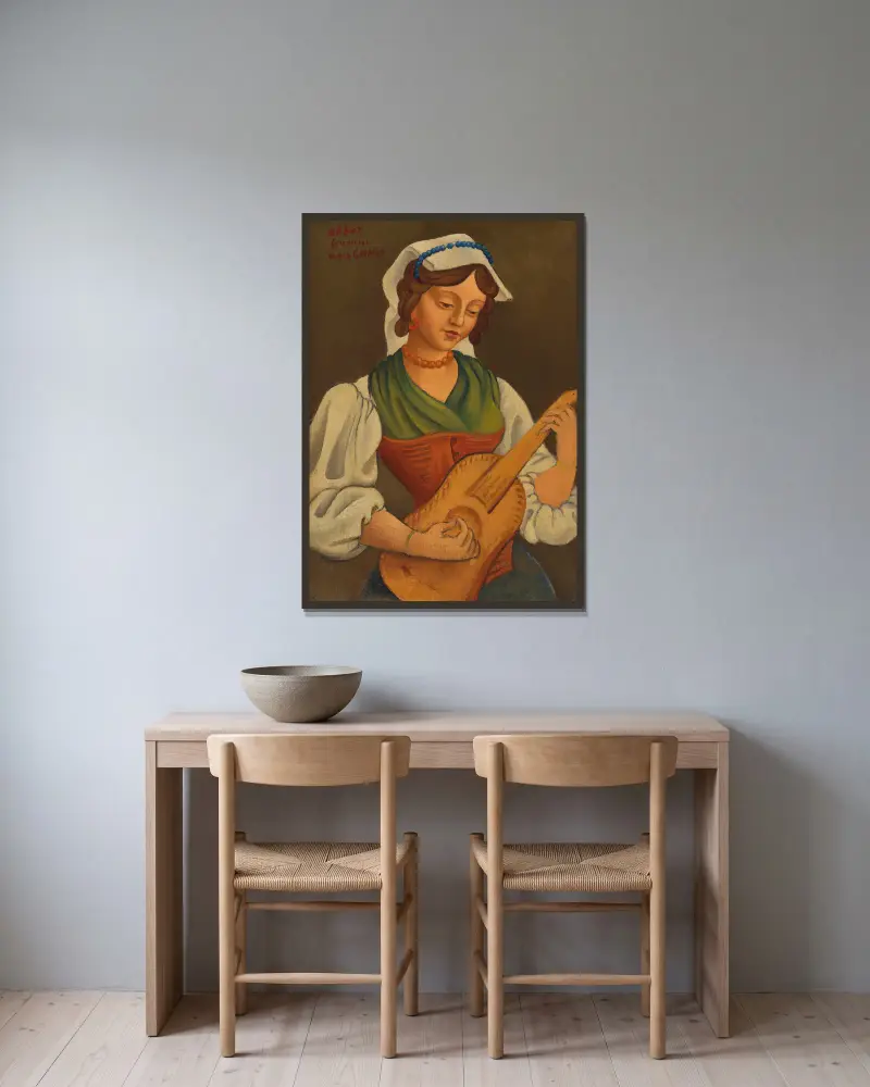 Girl with mandolin (after Gino Severini) av Mark Gertler inramad på en vägg