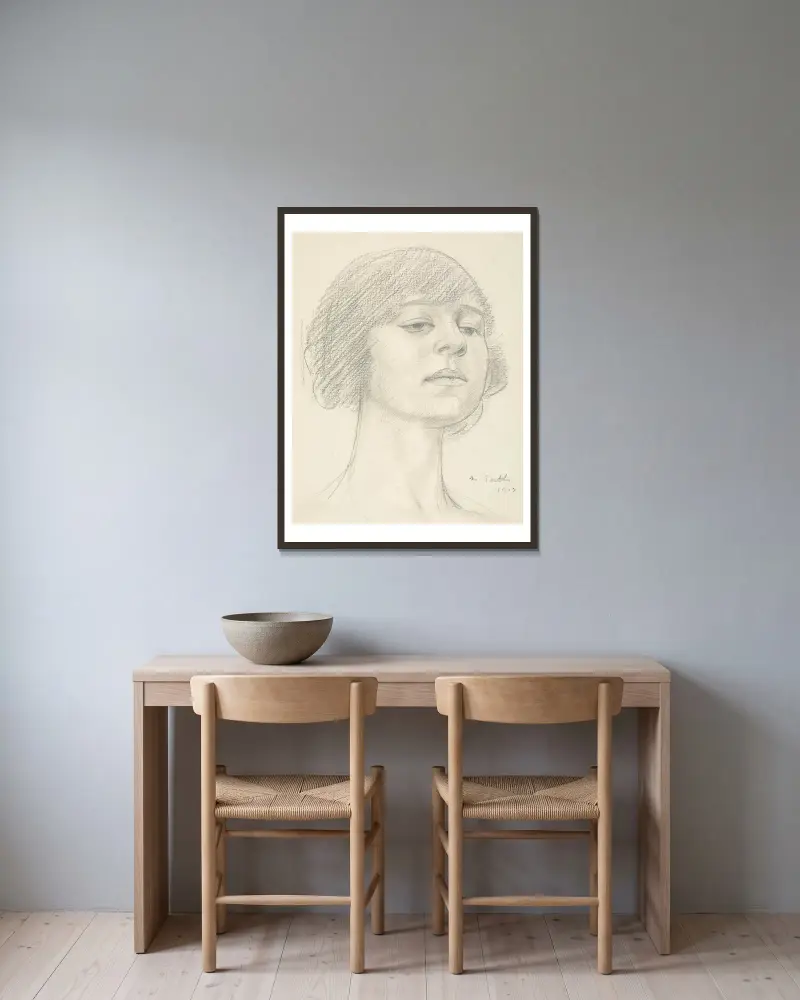 Huvud av Dora Carrington av Mark Gertler inramad på en vägg
