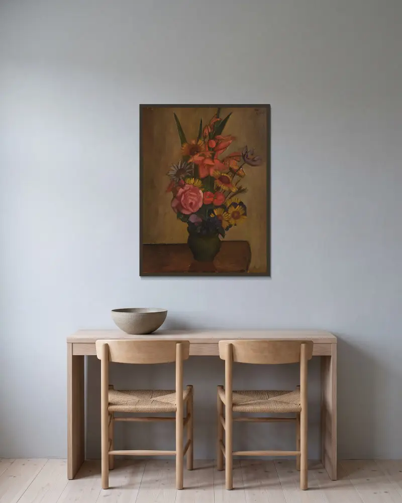Still Life, Vase with Flowers av Mark Gertler inramad på en vägg