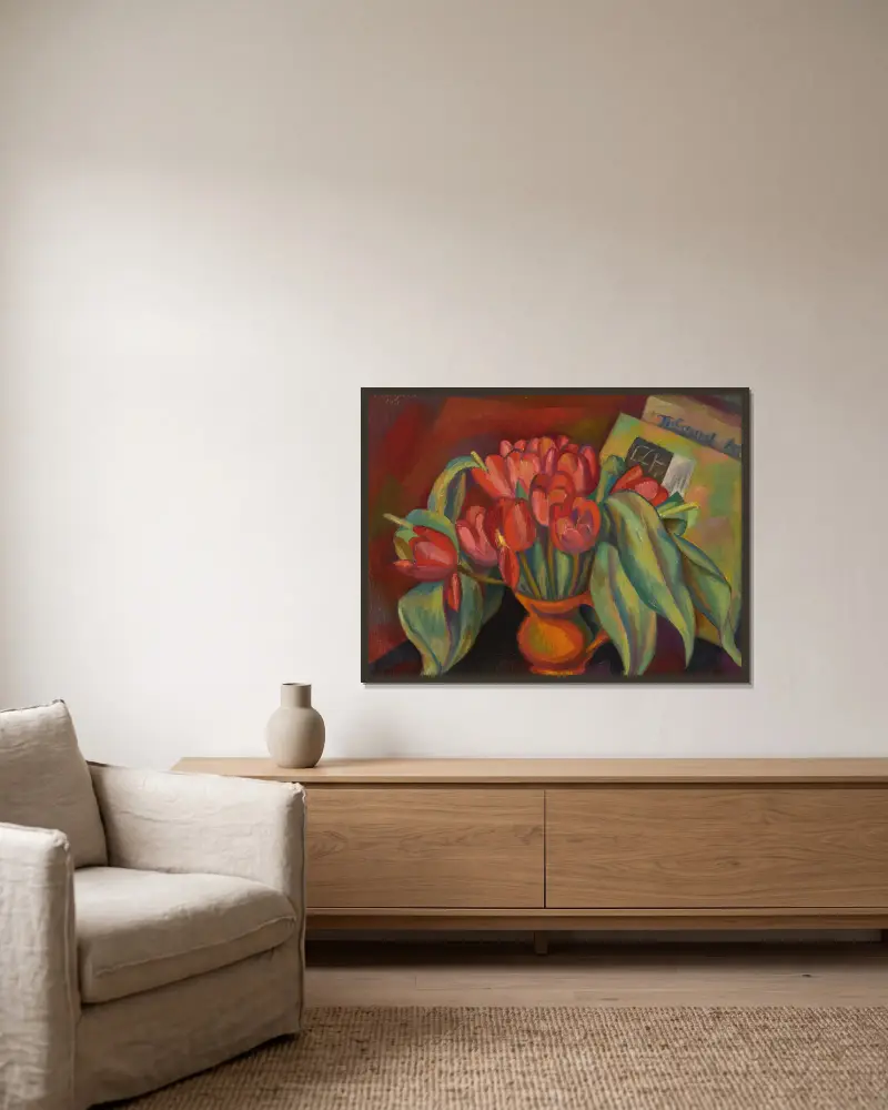 Stillleben mit roten Tulpen von Mark Gertler gerahmt an einer Wand