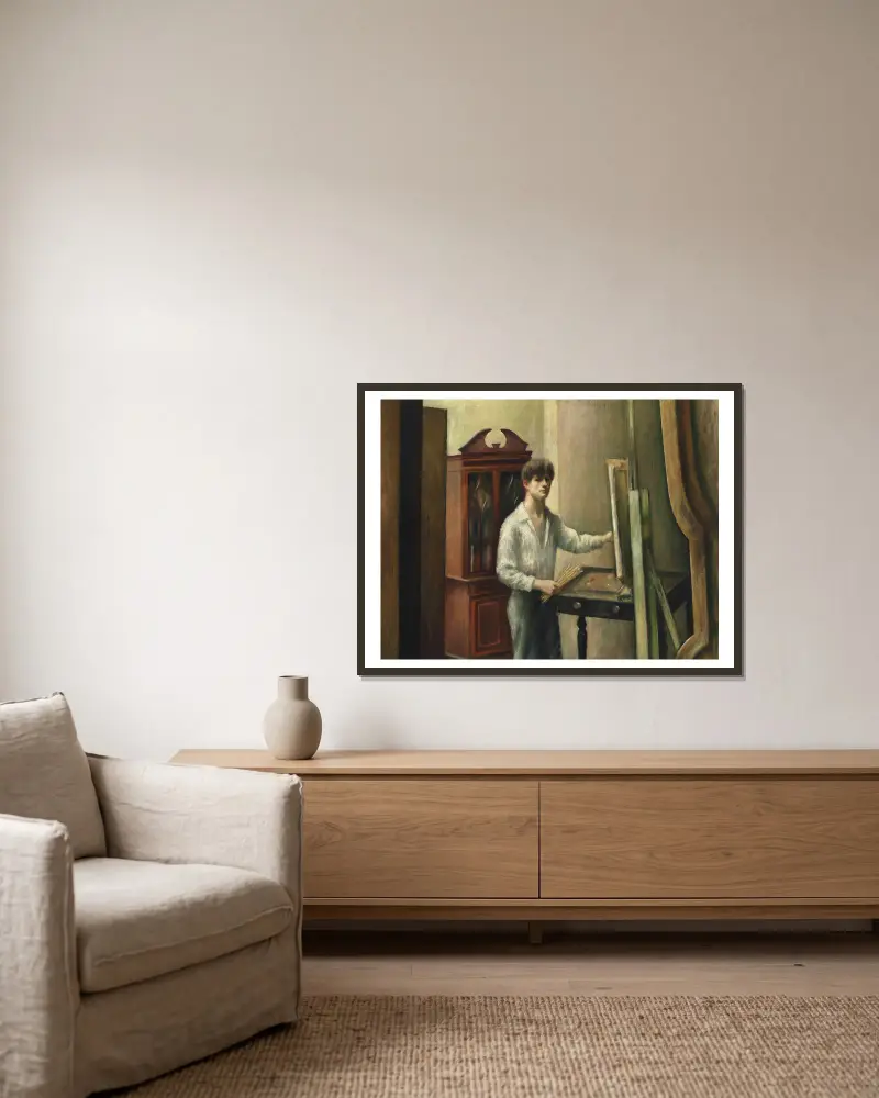 Der Künstler in seinem Atelier von Mark Gertler gerahmt an einer Wand