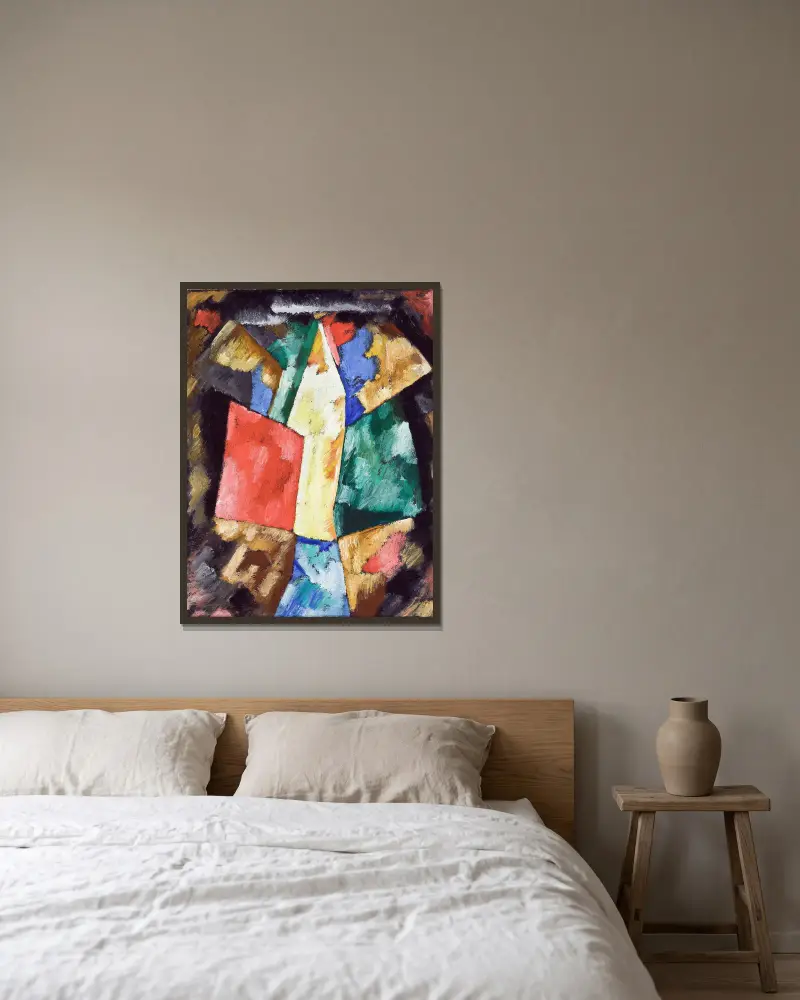 Abstraktion, blått, gult och grönt av Marsden Hartley inramad på en vägg
