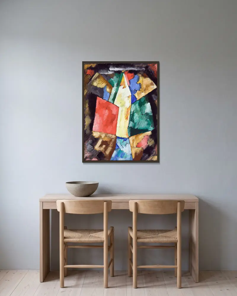 Abstraktion, blått, gult och grönt av Marsden Hartley inramad på en vägg