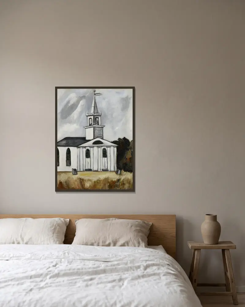 Kyrka vid Head Tide nr 2 av Marsden Hartley inramad på en vägg