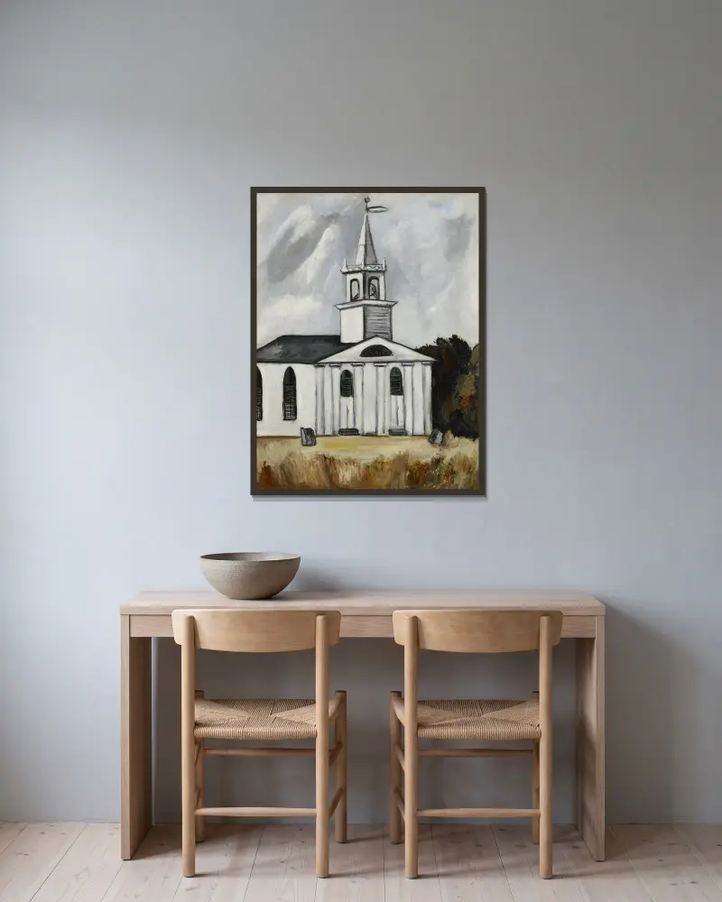 Kyrka vid Head Tide nr 2 av Marsden Hartley inramad på en vägg