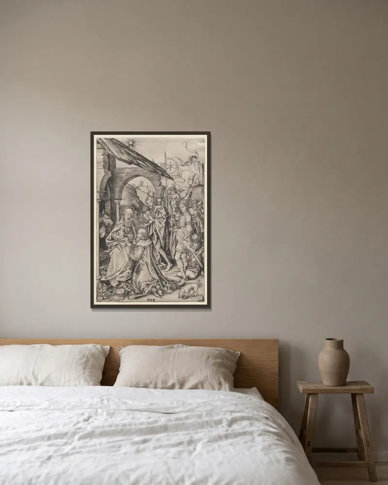 Adoration of the Magi av Martin Schongauer inramad på en vägg