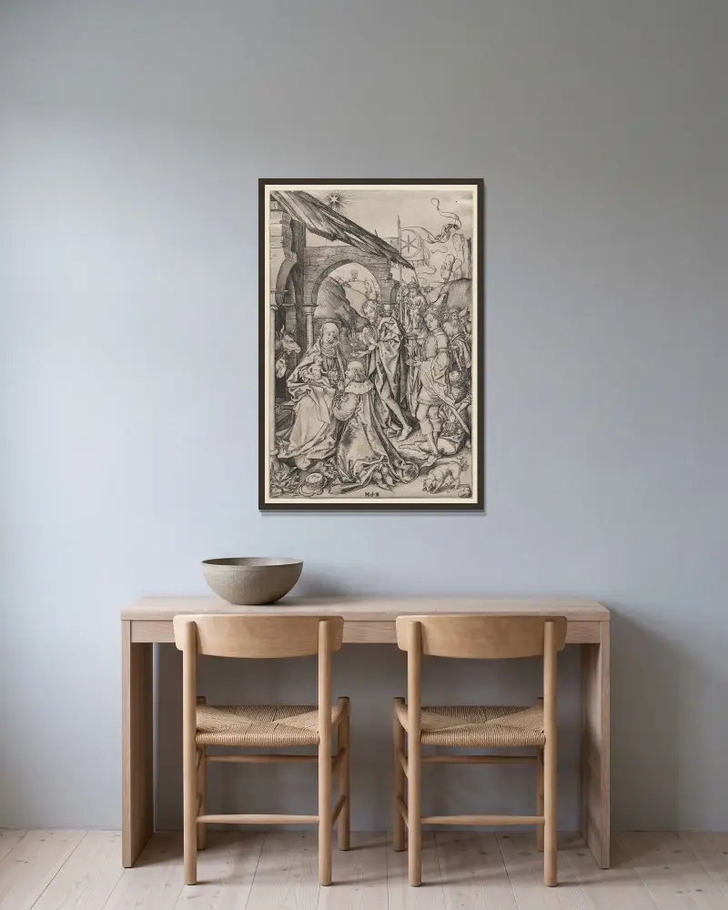 Adoration of the Magi av Martin Schongauer inramad på en vägg