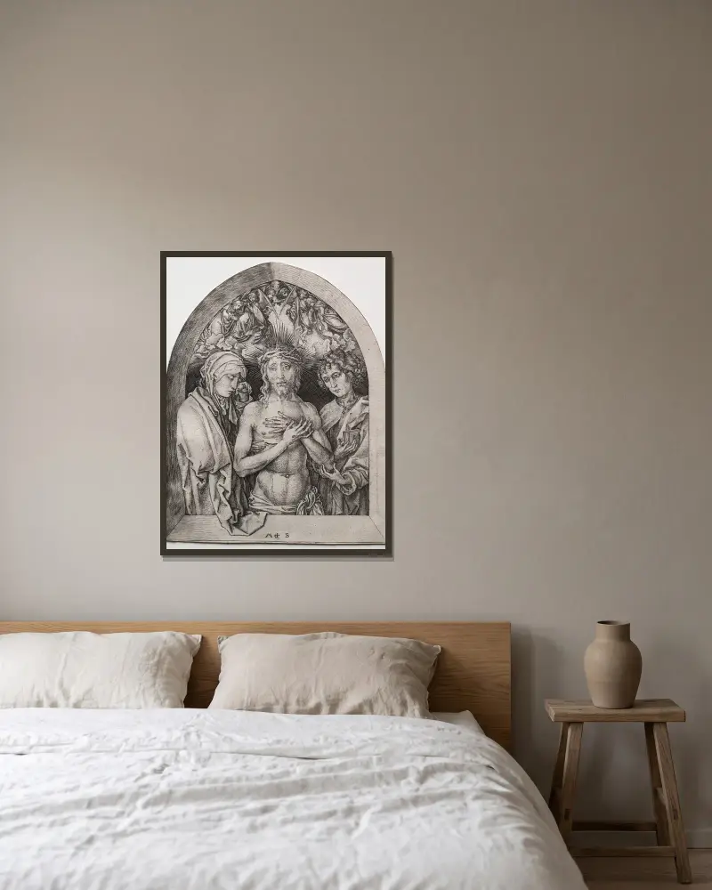 Christ as the Man of Sorrows between the Virgin and St. John av Martin Schongauer inramad på en vägg