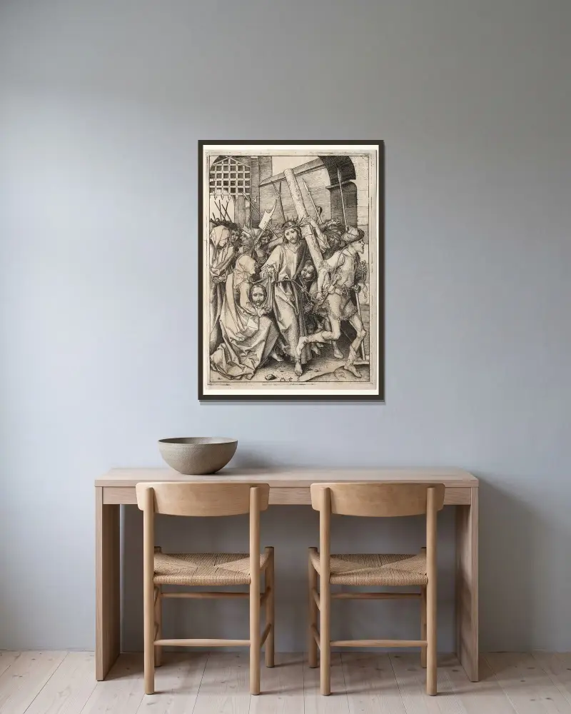 Kristus bär korset av Martin Schongauer inramad på en vägg
