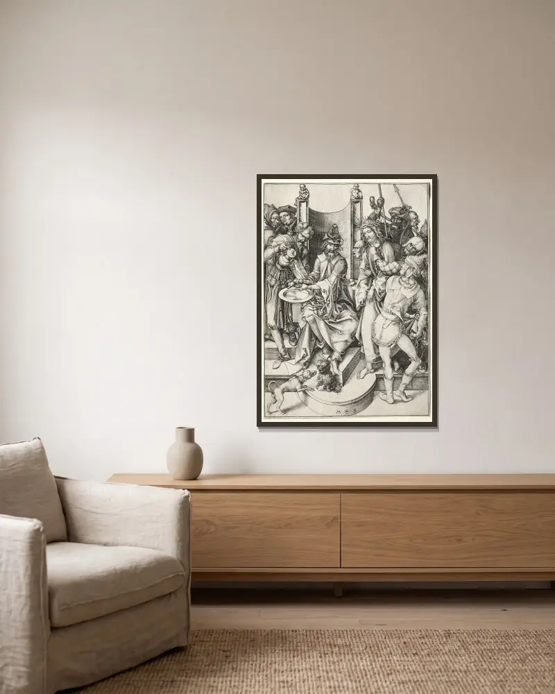Christ Before Pilate av Martin Schongauer inramad på en vägg