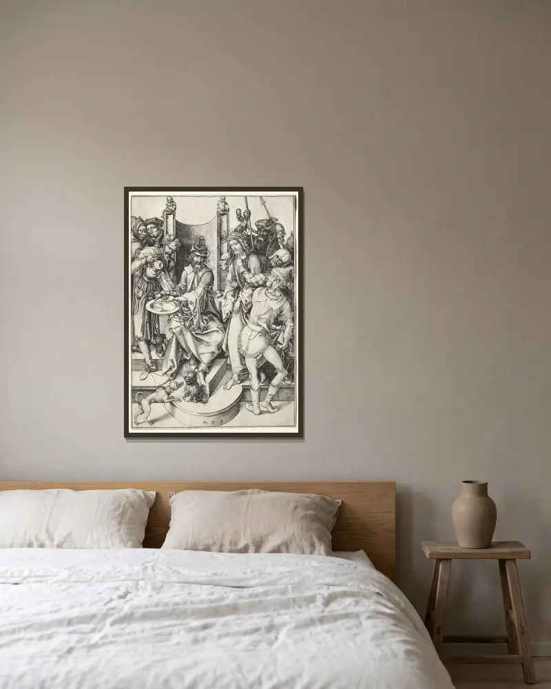 Christ Before Pilate av Martin Schongauer inramad på en vägg