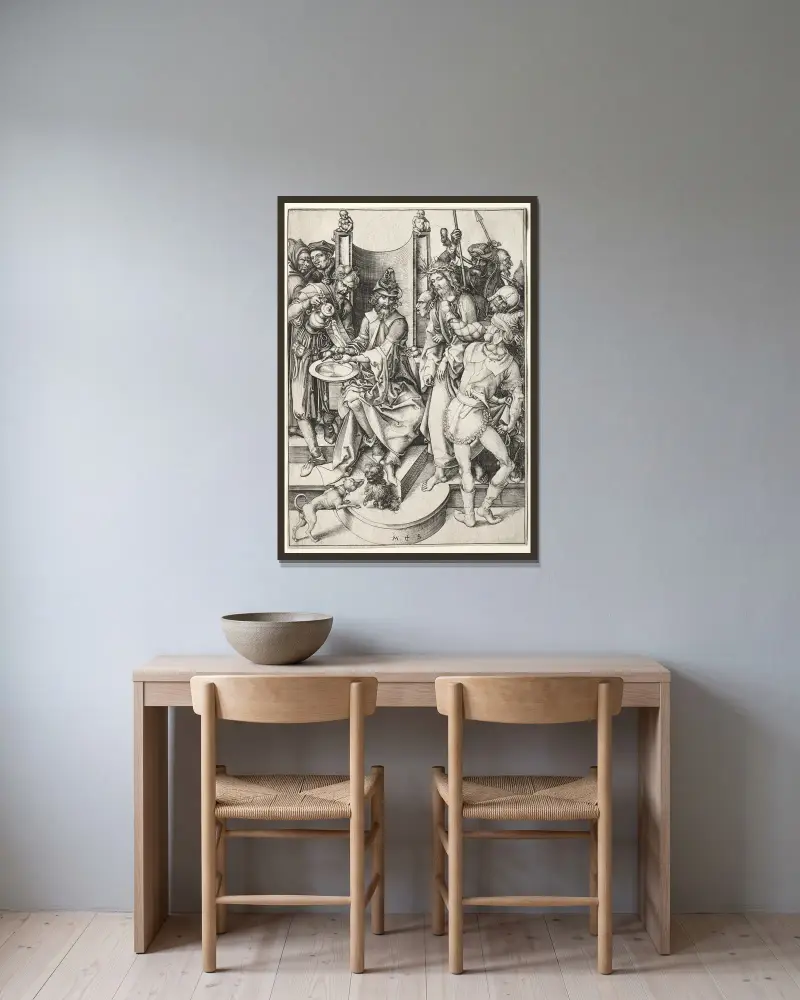 Christ Before Pilate av Martin Schongauer inramad på en vägg