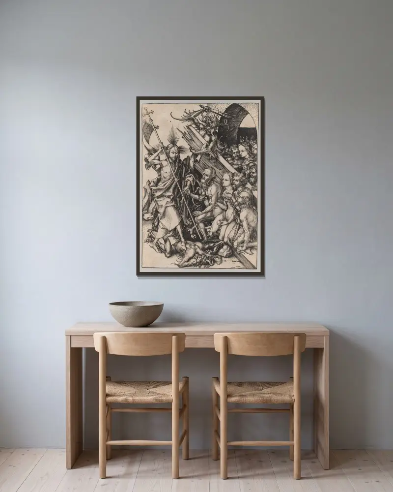Christ in Limbo av Martin Schongauer inramad på en vägg