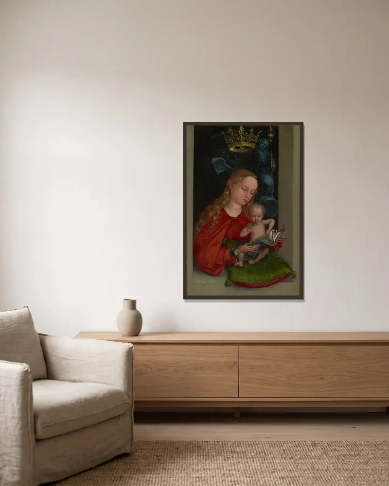 Madonnan med barnet i ett fönster av Martin Schongauer inramad på en vägg