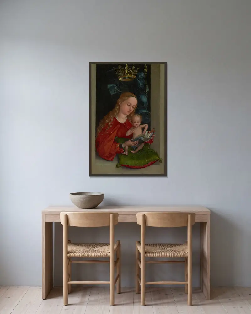 Madonnan med barnet i ett fönster av Martin Schongauer inramad på en vägg