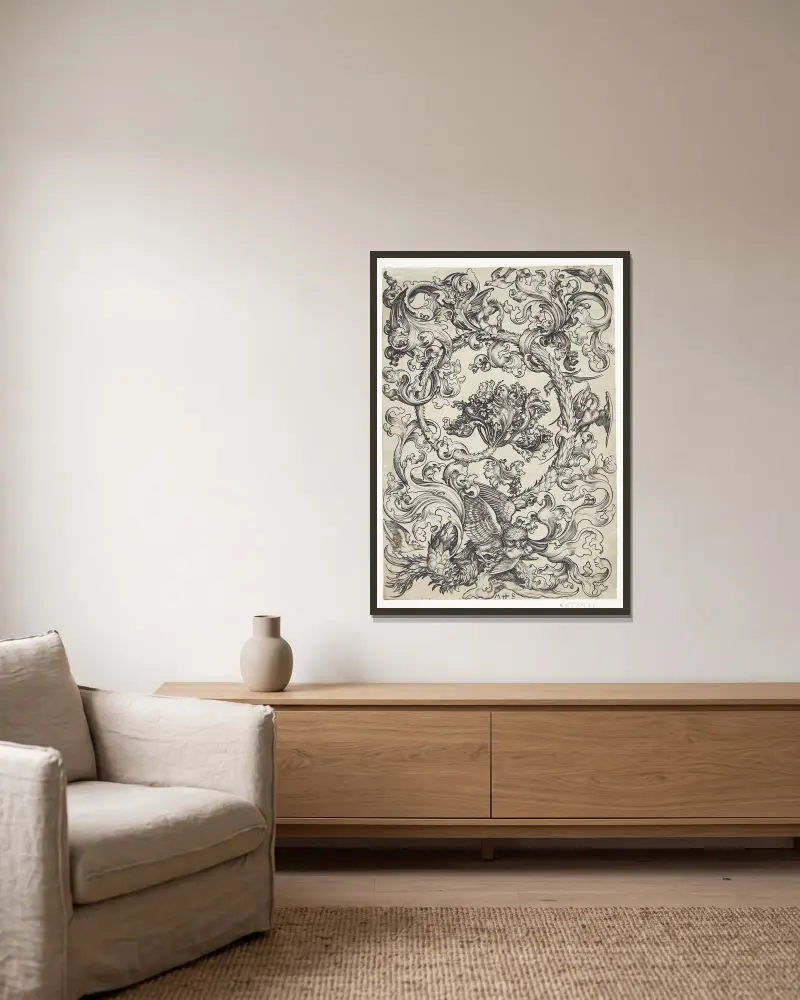 Ornament med fåglar som hånar en uggla av Martin Schongauer inramad på en vägg