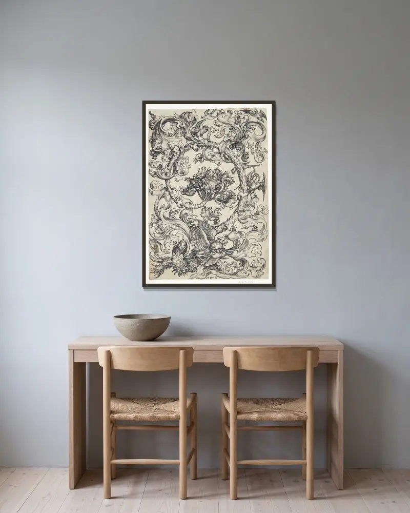 Ornament med fåglar som hånar en uggla av Martin Schongauer inramad på en vägg
