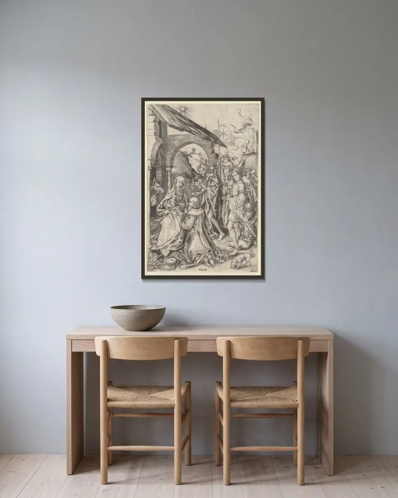 Konungarnas tillbedjan av Martin Schongauer inramad på en vägg
