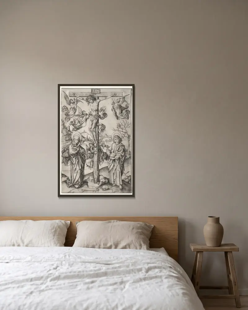 Die Kreuzigung mit vier Engeln von Martin Schongauer gerahmt an einer Wand