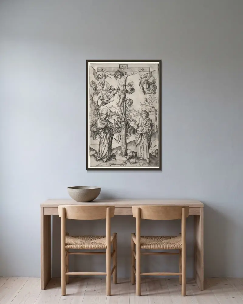 Die Kreuzigung mit vier Engeln von Martin Schongauer gerahmt an einer Wand