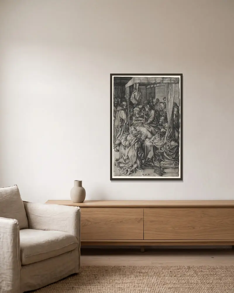 Der Tod der Jungfrau von Martin Schongauer gerahmt an einer Wand