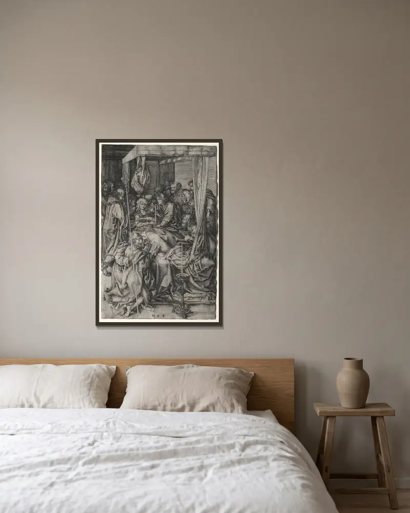Der Tod der Jungfrau von Martin Schongauer gerahmt an einer Wand