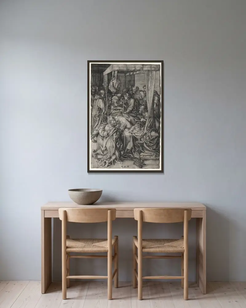Der Tod der Jungfrau von Martin Schongauer gerahmt an einer Wand