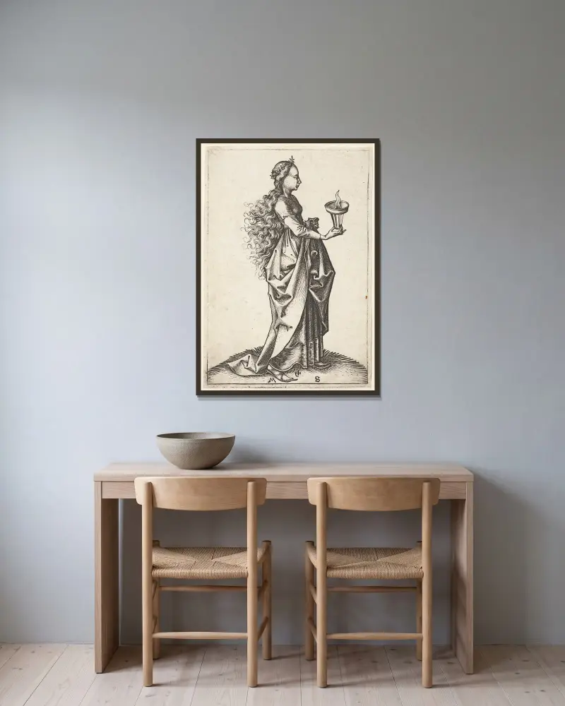 Die fünfte kluge Jungfrau von Martin Schongauer gerahmt an einer Wand
