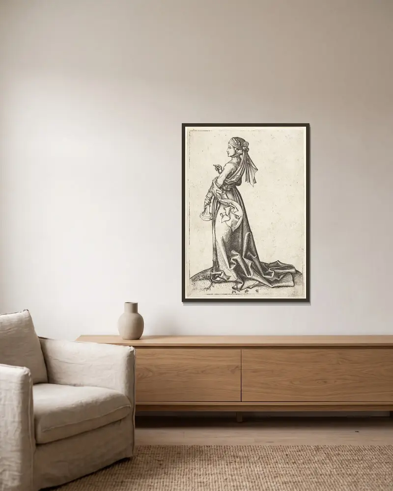 The first foolish Virgin av Martin Schongauer inramad på en vägg