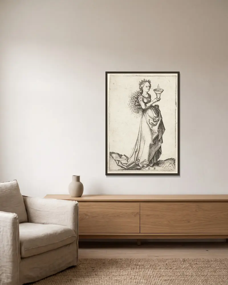 Die erste kluge Jungfrau von Martin Schongauer gerahmt an einer Wand