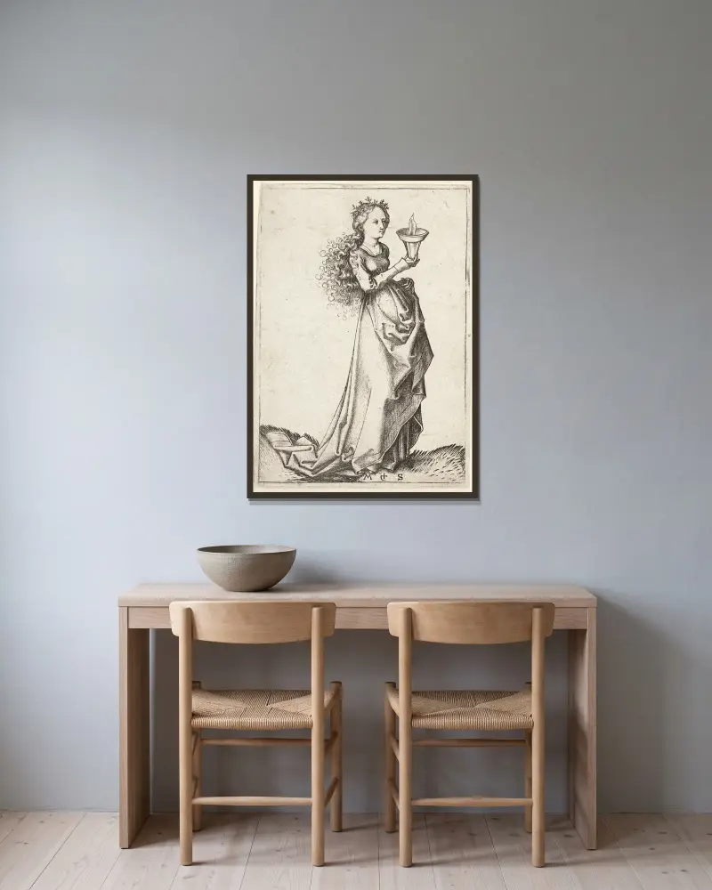 Die erste kluge Jungfrau von Martin Schongauer gerahmt an einer Wand