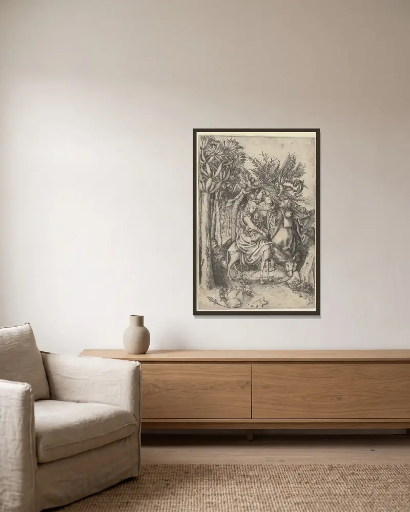 The Flight into Egypt av Martin Schongauer inramad på en vägg