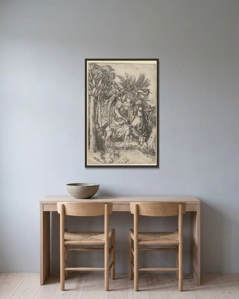 The Flight into Egypt av Martin Schongauer inramad på en vägg
