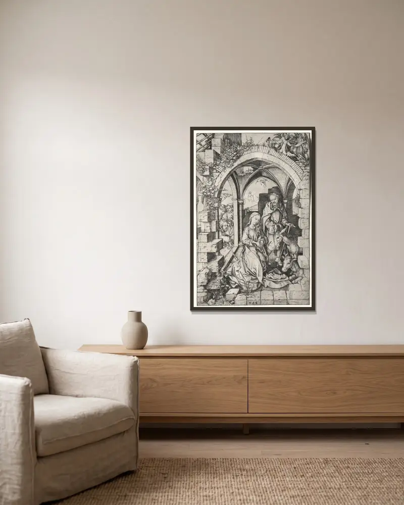 The Nativity, 1470 – nr 2 av Martin Schongauer inramad på en vägg