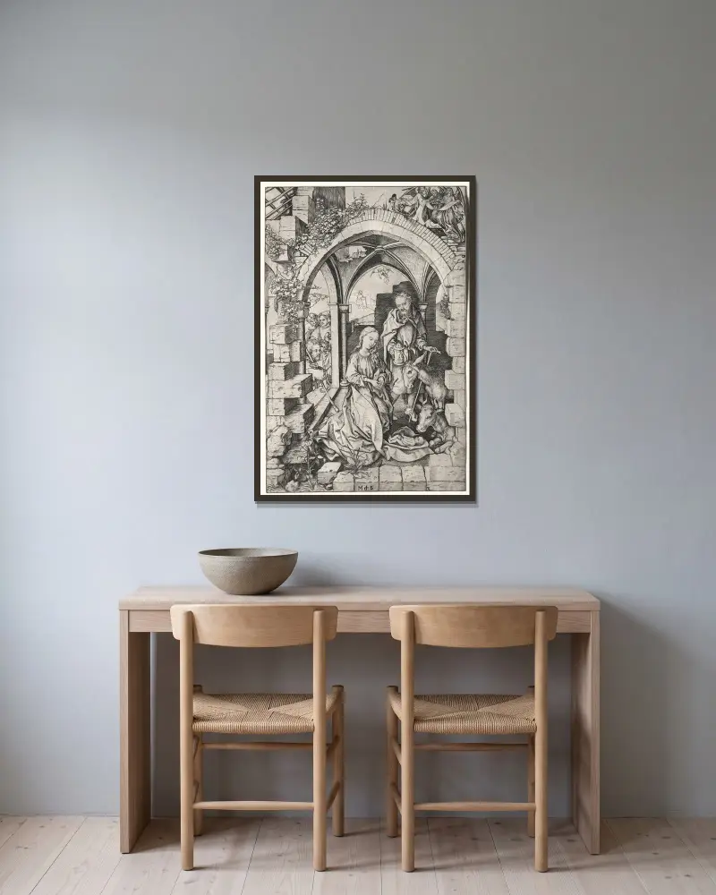 The Nativity, 1470 – nr 2 av Martin Schongauer inramad på en vägg