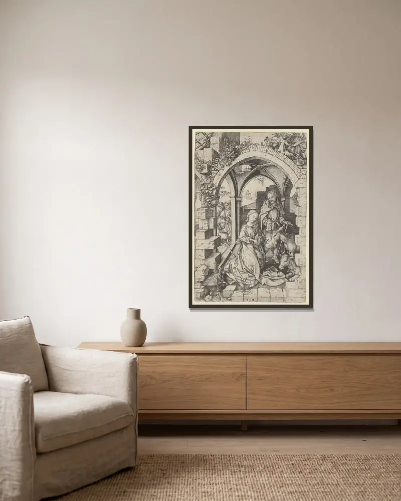 The Nativity, 1470 – nr 1 av Martin Schongauer inramad på en vägg