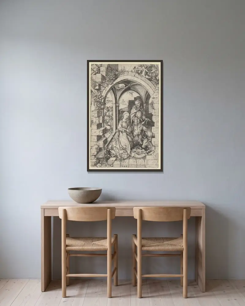 The Nativity, 1470 – nr 1 av Martin Schongauer inramad på en vägg
