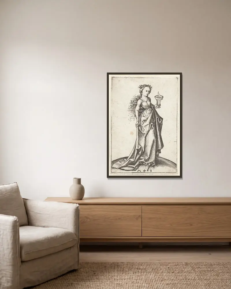 The second wise Virgin av Martin Schongauer inramad på en vägg