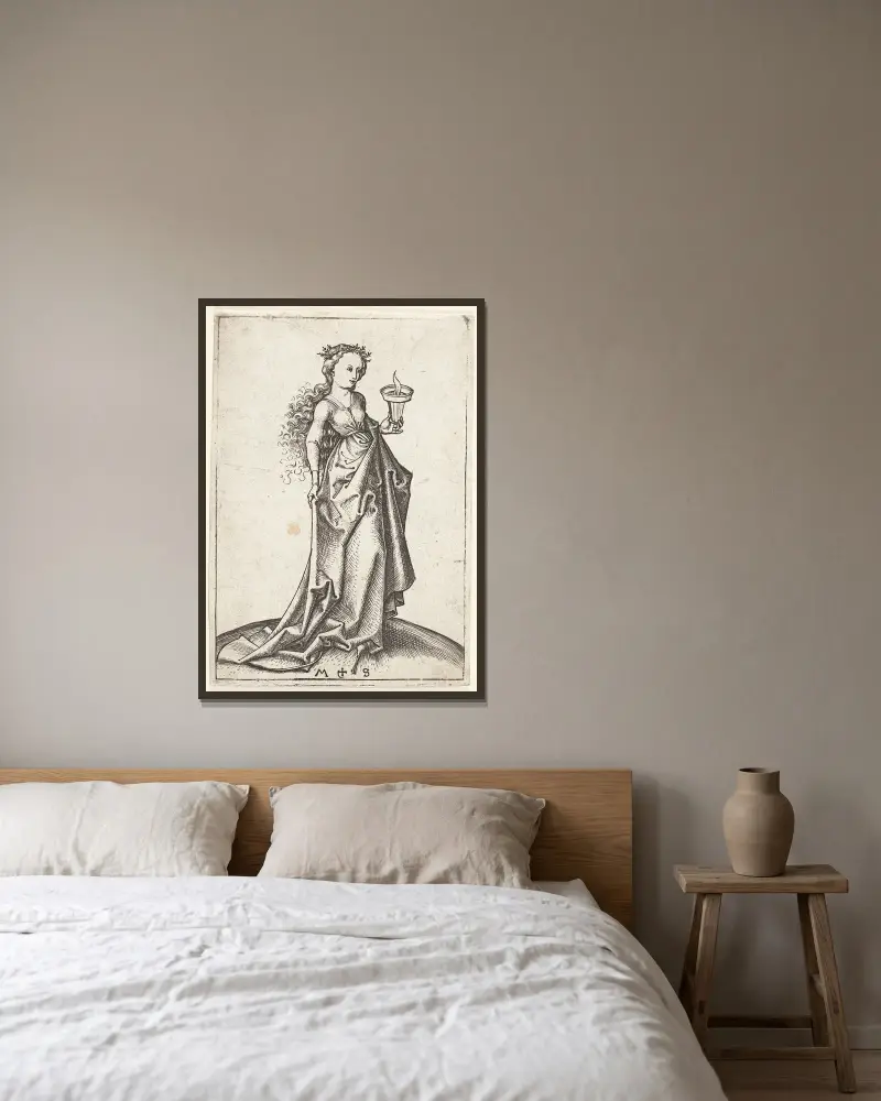 The second wise Virgin av Martin Schongauer inramad på en vägg