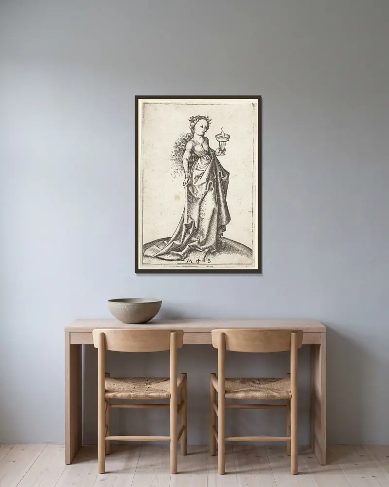 The second wise Virgin av Martin Schongauer inramad på en vägg