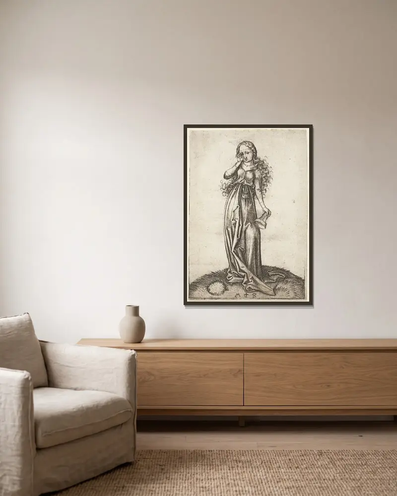 Die dritte törichte Jungfrau von Martin Schongauer gerahmt an einer Wand