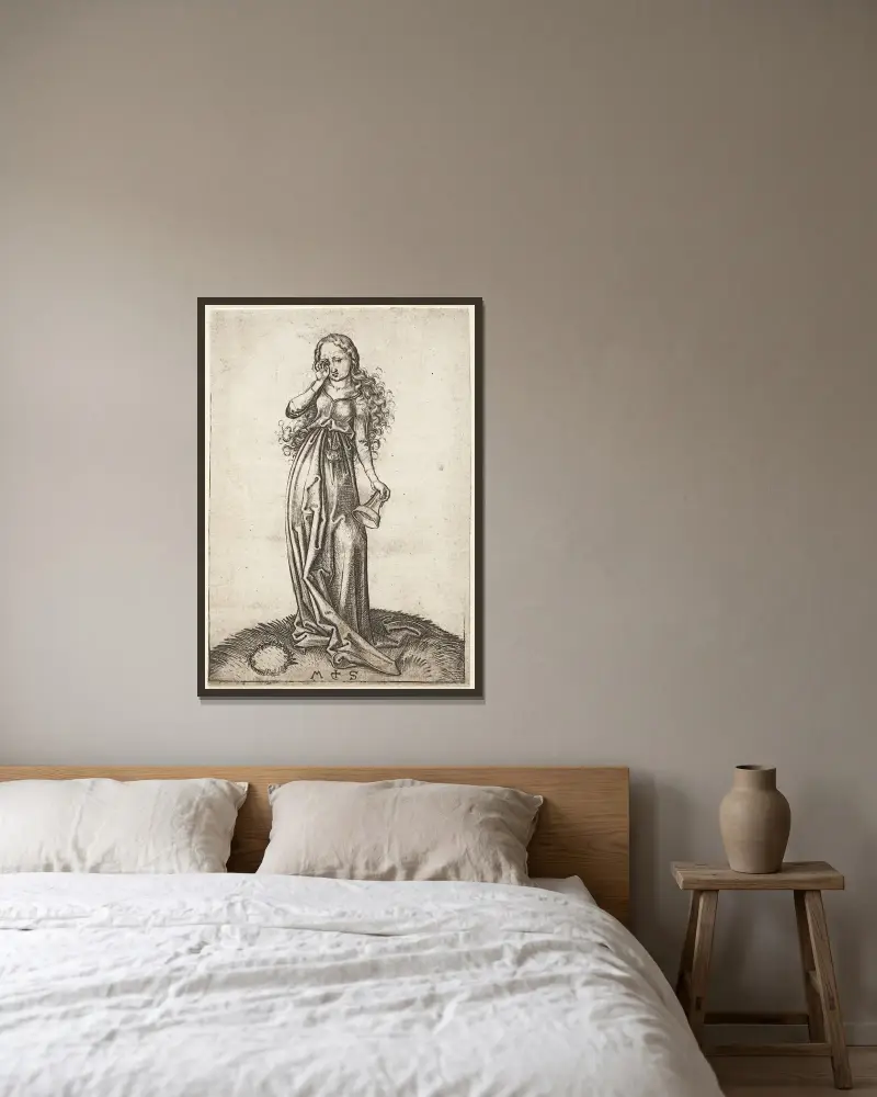 Die dritte törichte Jungfrau von Martin Schongauer gerahmt an einer Wand