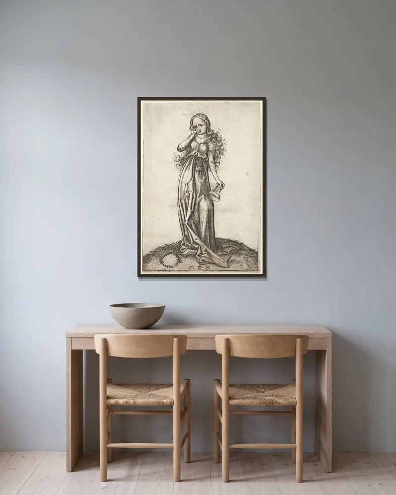 Die dritte törichte Jungfrau von Martin Schongauer gerahmt an einer Wand