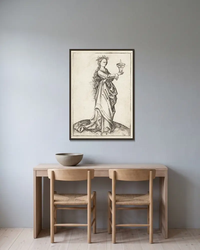 The third wise Virgin av Martin Schongauer inramad på en vägg
